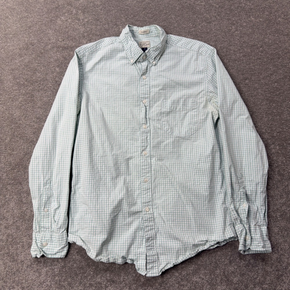 J Crew Button Down Shirt Mens M Green Gingham Secret Wash Stretch Classic H2821
